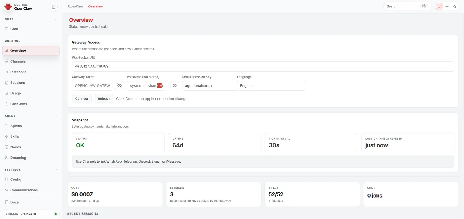 Дашборд работающего инстанса OpenClaw: статус OK, аптайм 64 дня, 52 скила, доступ через SSH-туннель (секреты скрыты)