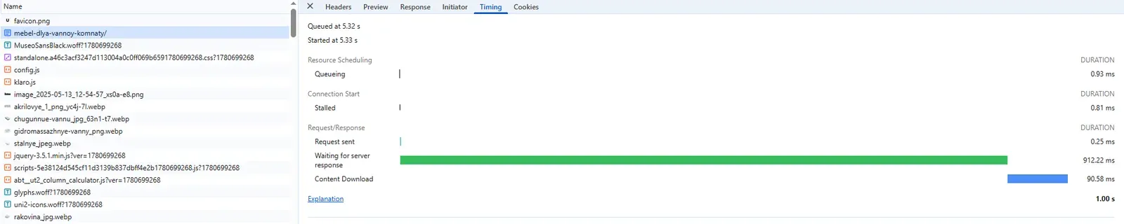 Chrome DevTools, вкладка Timing: ожидание ответа сервера на странице категории — 912 мс